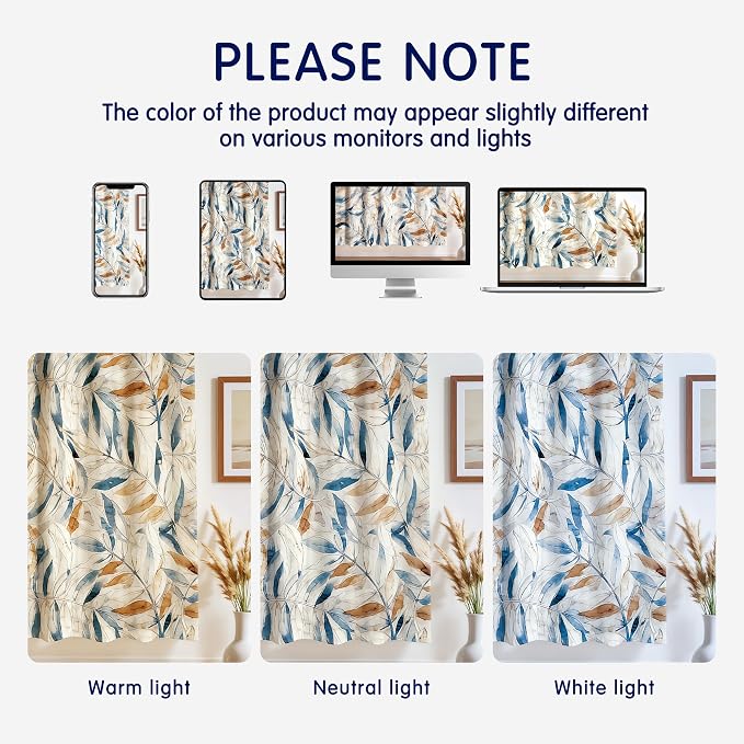 SUBRTEX Boho Leaf Printed Curtains 108 inch Long 2 Panels, Room Darkening Vibrant Floral Drapes, 50% Blackout Light Flitering, Semi Sheer Farmhouse Curtains for Living Room, 52Wx108L, Blue Leaf