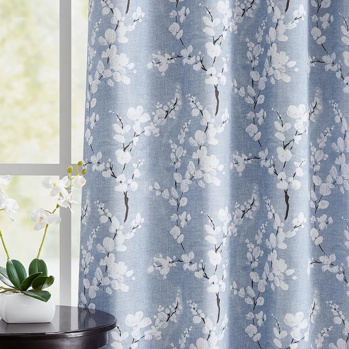 FMFUNCTEX 100% Blackout Blue Floral Curtains, Rod Pocket 18 Inch 1 Panel | Black Out Drapes, Thermal Insulated, Blossom Patterned Short Panel for Kitchen Curtains, Cafe, Bathroom, Door Glass