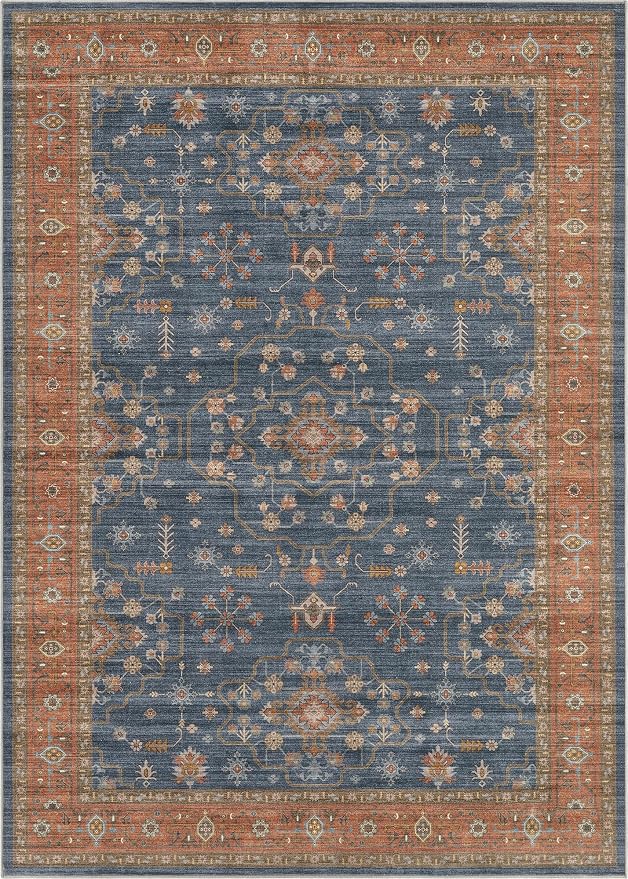 5x7 Area Rug for Living Room- Machine Washable Soft Oriental Vintage Large Indoor Floor Carpet for Bedroom Under Dining Table Home Office Decor - Blue Terracotta
