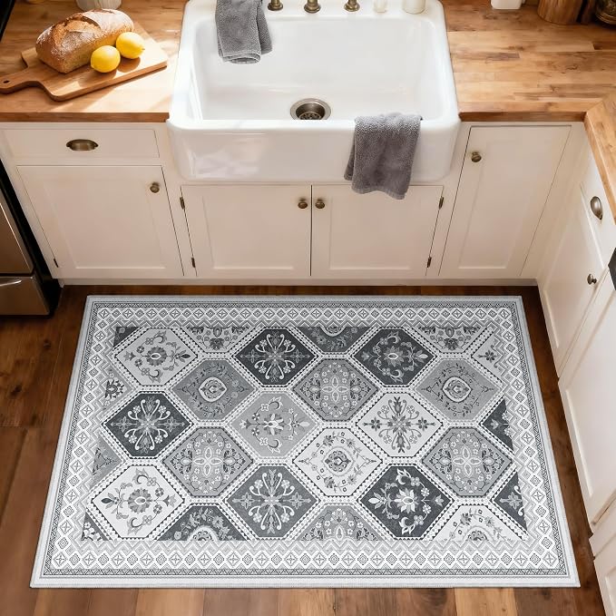 3x5 Washable Rug, Soft Non-Slip Boho Moroccan Rug, Low-Pile Printed Indoor Throw Rugs for Entryway, Kitchen, Bedroom Bedside, Entrance- Gray/White