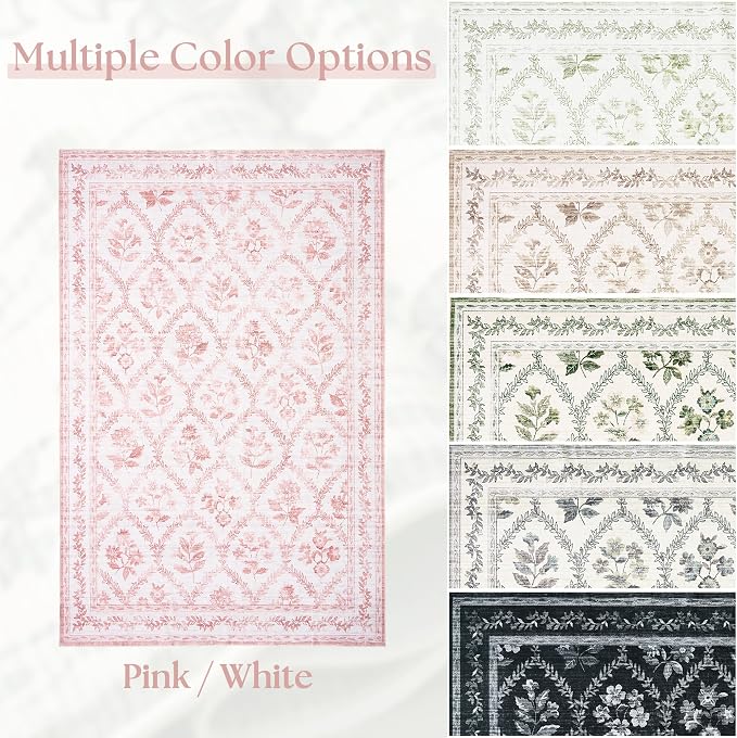 Pink Floral Living Room Rug 9x12 Area Rug for Bedroom Girls Modern Floral Extra Large Distressed Carpet Washable Low Pile Non Slip Light Pink with White Flower Leaf for Nursery 9 by 12
