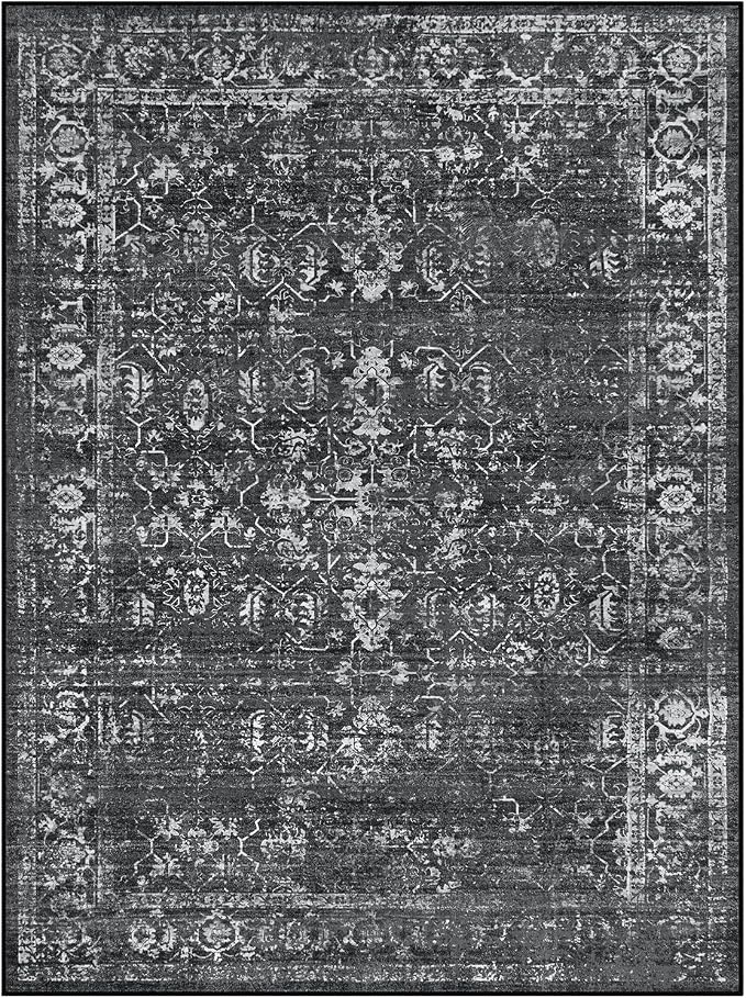 Lahome Margot Area Rugs 9x12 Living Room Soft Large Rugs for Bedroom, Boho Black Dining Room Rug, Distressed Non Slip Low Pile Carpet for Indoor Home Office(9'x12', Black/Grey)