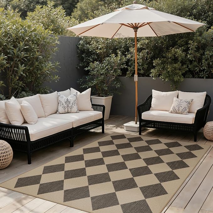 GENIMO Indoor Outdoor Area Rug 6'x9', Checkered Easy Jute Rug Machine Washable, Easy-Cleaning, Non Slip Geometric Diamond Outdoor Carpet for Patio, Living Room, Backyard, Porch, Deck, Balcony