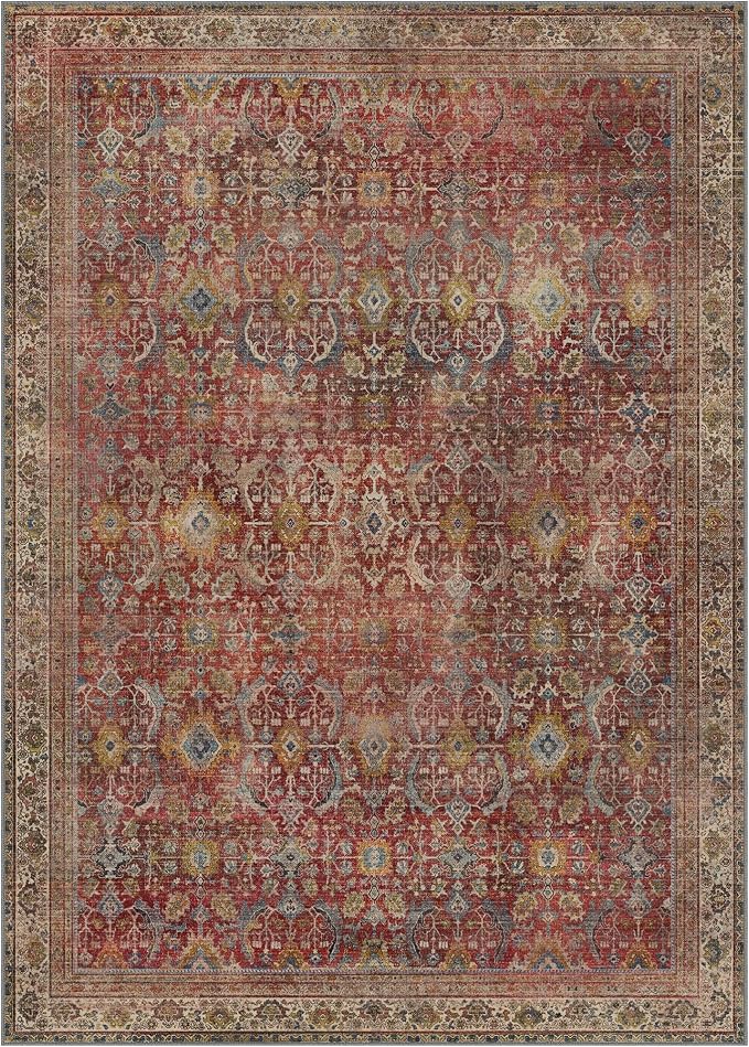 BESBLEE 8X10 Area Rugs Machine Washable Rugs for Living Room, Vintage Boho Large Rugs for Bedroom Dining Room, Non Slip Indoor Soft Distressed Lightweight Thin Low Pile Carpet, Rust Red