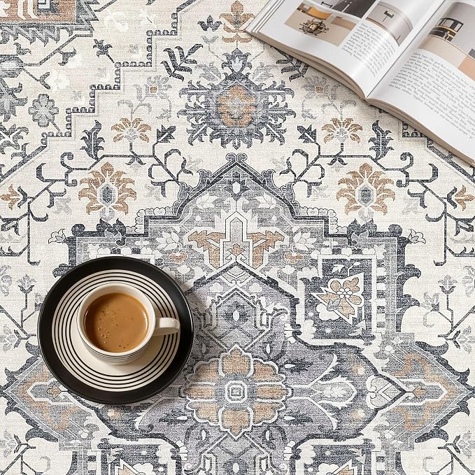 UERMEI 8x10 Area Rug Living Room Rugs - Washable Vintage Soft Large Rug Indoor Floor No Slip Rug Carpet for Bedroom Farmhouse Under Dining Table Home Office Decor - Grey-Orange