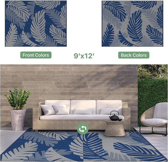 GENIMO Outdoor Rug, Waterproof Plastic Rugs for Patio, 9'x12' Blue Grey | Outside Larger Leaf Carpet Mat for Porch Decor, Deck, Balcony, Camping, RV, Backyard, Picnic, Beach, Reversible, Foldable