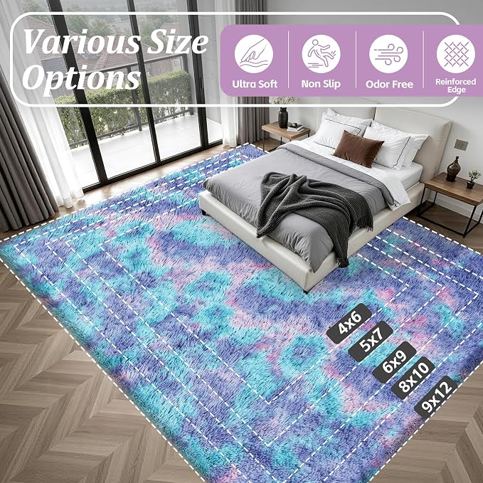 8x10 Area Rugs for Living Room Bedroom: Ultra Soft Fluffy Shag Rug Upgrade Non-Slip Non-Shedding Large Fuzzy Plush Carpet Indoor Floor Carpets for Kids Room Playroom Nursery Dorms Home Rainbow Purple