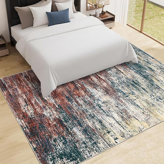 ROYHOME Washable Rug 5x7 Abstract Area Rug for Living Room, Non Slip Foldable Soft Rugs for Bedroom, Stain Resistant Rugs Modern Fuzzy Rug, Indoor Floor Carpet for Entryway Home, Red Multi