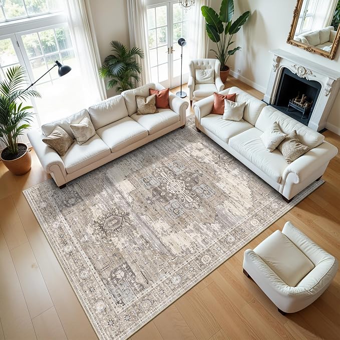 RUUGME 9x13 Large Area Rug for Living Room Vintage Oriental Washable Beige | Soft Low Pile Non Slip Non Shedding Bedroom Dining Room Office Farmhouse Easy Care