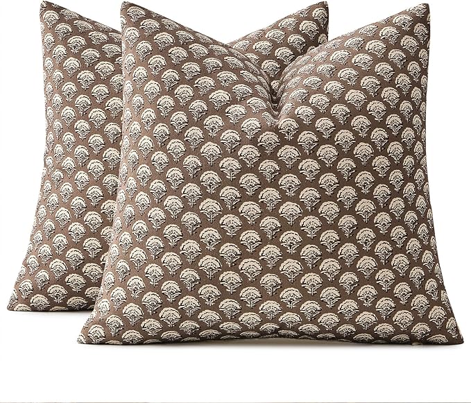 MIULEE Set of 2 Decorative Floral Throw Pillow Covers Neutral Vintage Fall Block Print Boho Farmhouse Cushion Covers for Modern Home Decor Couch Sofa Bed Living Room, 20x20 Inch, Chocolate Brown