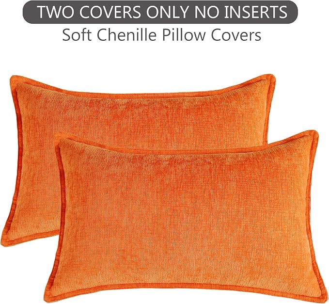 Stellhome Lumbar Chenille Throw Pillow Covers Set of 2 Super Soft Textured Decorative Pillow Covers Accent Solid Cushion Cover for Couch Sofa Bedroom Living Room 12x20 Inch, Orange