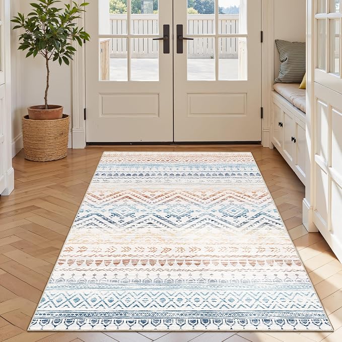 Miukiki 4x6 Area Rug for Living Room Moroccan Washable Rugs Non Slip Indoor Floor Carpet Foldable Large Soft Area Rug for Dining Room Bedroom with Low Pile(Colorful,4'x6')