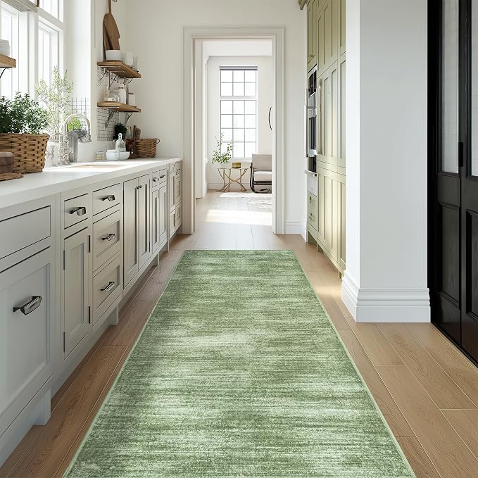 BILEEHOME 2x6 Runner Rug for Hallways Soft Washable Modern Olive Green Rugs | Dark Green Floor Covering Carpet, with Low Pile Non Slip, Neutral Abstract, for Kitchen Bedside Bathroom, 2 x 6, Foldable