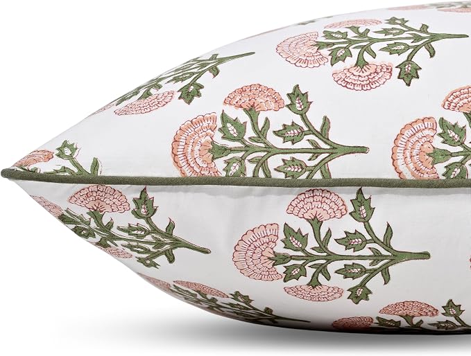 Ridhi Block Print Mughal Buta Peach Pillow Cover 20" x 20" (Pack of 2) Decorative Couch Pillows for Living Room, Farmhouse Chic Boho Cute Outdoor Pillows Covers Gifts for Spring, Mother's Day