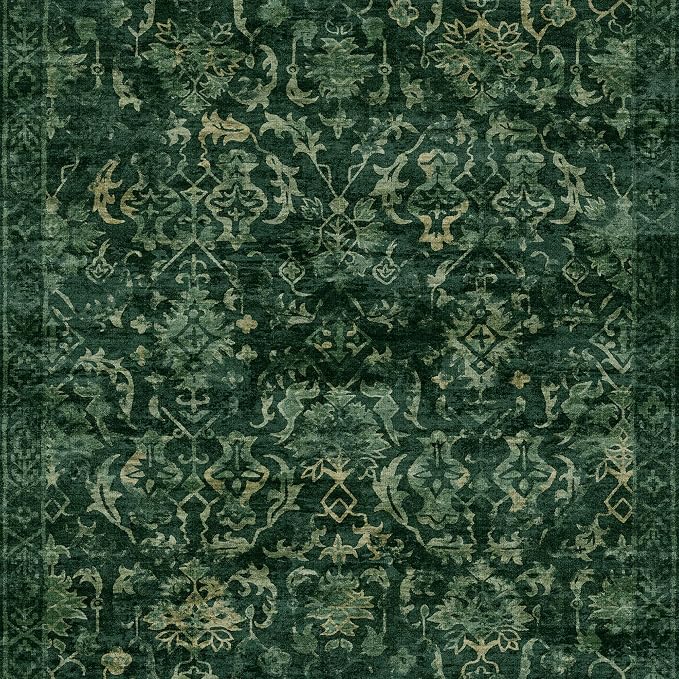 Dark Green 2x5 Runner Rug for Hallways Bed Side Kitchen, Boho Washable Distressed Low-Pile Floor Entryway Long Bathroom Mat, Non-Slip Laundry Room Washstand Front Carpet Green 24x60 Inch