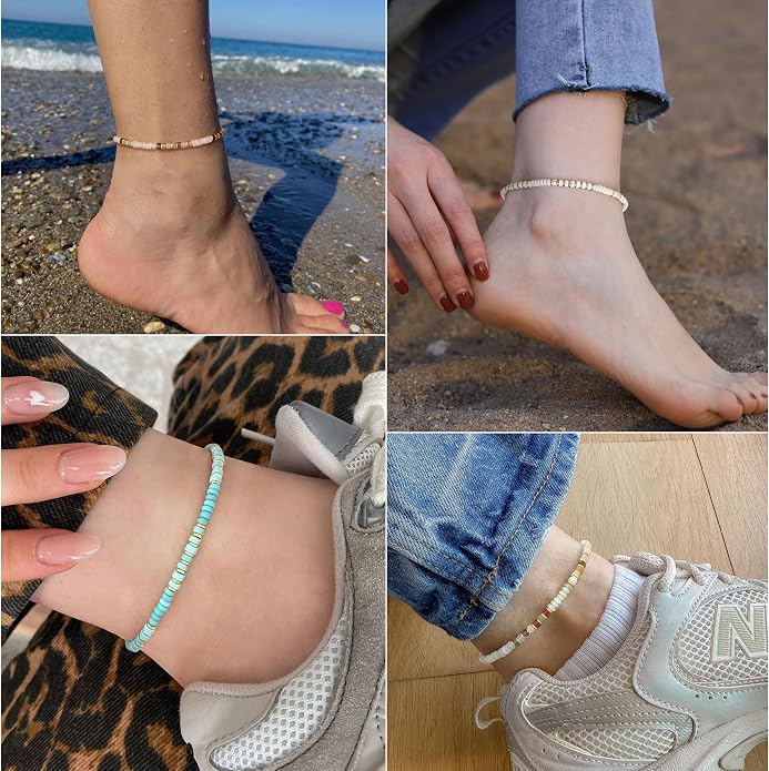 Natural Stone Beaded Anklets for Women Teen Girl Gifts Trendy Stuff Boho Anklet Colorful Bead Ankle Bracelets for Women Waterproof Handmade Beach Gifts Summer Jewelry Birthday Christmas Gift