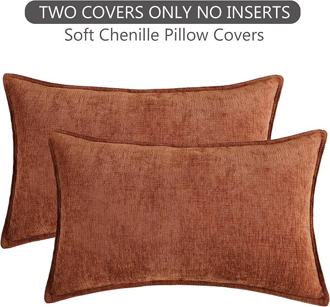Stellhome Set of 2 Halloween Decorations Autumn Rust Pillow Covers Soft Textured Lumbar Chenille Accent Solid Cushion Cover for Couch Sofa Bedroom Living Room 12x20 Inch, Burnt Orange