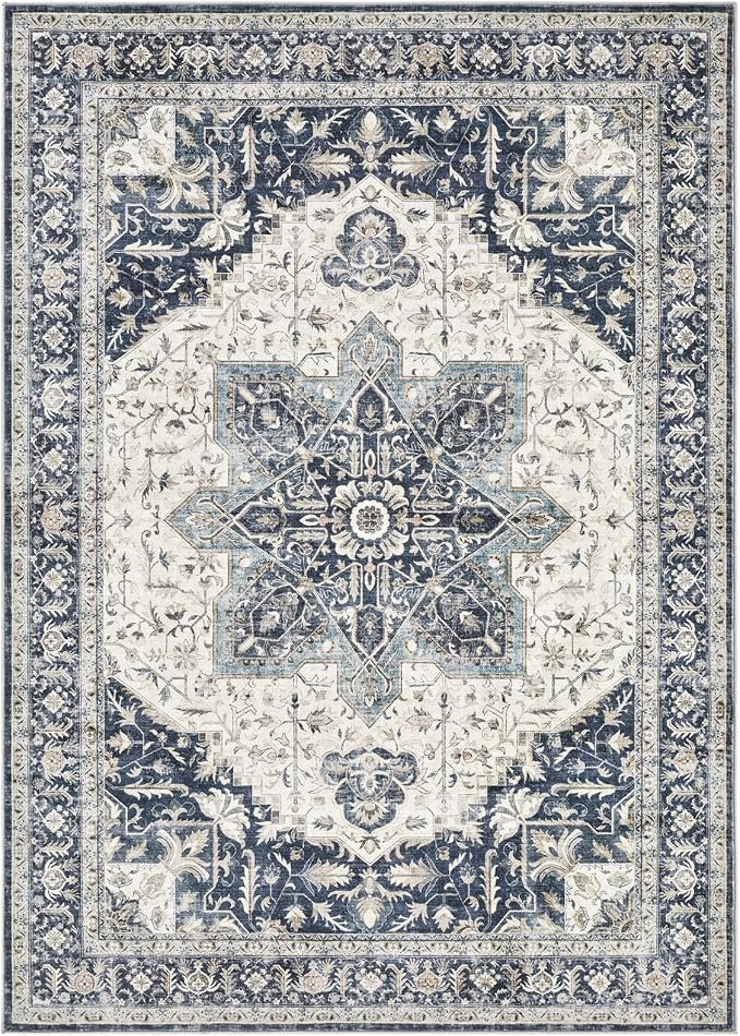 Tortania Area Rug Living Room Rugs - 7x9 Washable Boho Rug Vintage Oriental Distressed Farmhouse Large Thin Indoor Carpet for Living Room Bedroom Under Dining Table Home Office - Indigo