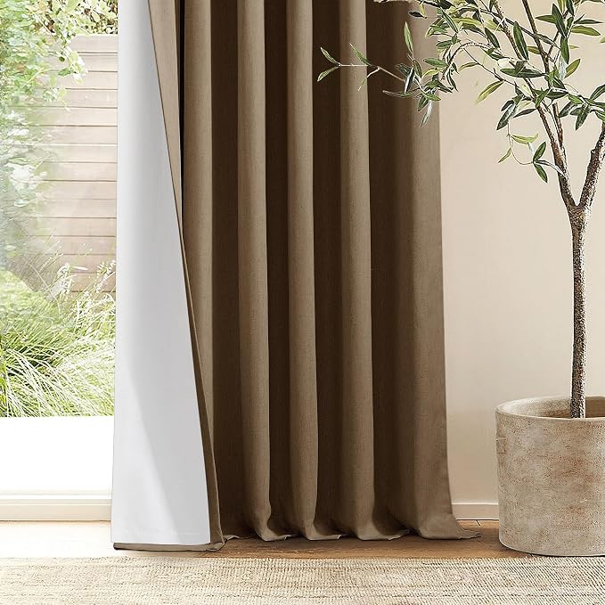 TWODRAPES Dutch Cocoa Blackout Linen Curtains 108 Inches Long Pinch Pleated | 100% Black Out Curtains Lined 2 Layers, Memory Shape Noise Reducing, Rustic Farmhouse, for Living Dining Room Bedroom Window