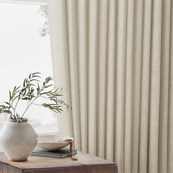 Linen Beige Pinch Pleated Semi Sheer Short Curtains 45 Inch Length 2 Panels | for Kitchen Small Bay Window Basement, Pinch Pleated with Hooks Rings Back Tab, Memory Shape, Thick Linen Semi Sheer, W40xL45