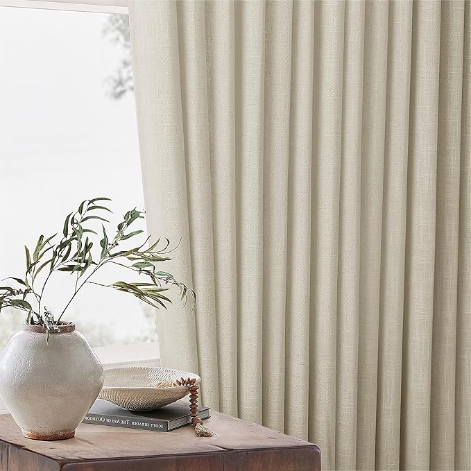 Linen Beige 72 Inch Pinch Pleated Semi Sheer Curtains 2 Panels Set W40xL72 | Memory Training Shaped, for Living Room Bedroom Cabin Closet, 400GSM Linen Textured, Pinch Pleat with Hooks Rings Back Tab