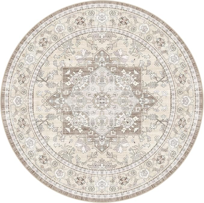 8ft Round Area Rug: Washable Vintage Neutral Soft Non Slip Thin Large Floor Carpet for Living Room Bedroom Kitchen Dining Room Home Office Farmhouse Indoor - Brown