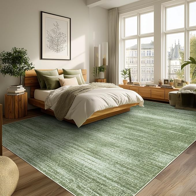 BILEEHOME Dark Green Area Rug 6x9 for Playroom Soft Non Slip Washable Rugs | Loden Olive Green, Low Pile Foldable, Neutral Abstract Modern, Floor Carpet for Nursery Bedroom, Hardwood Floor Protector