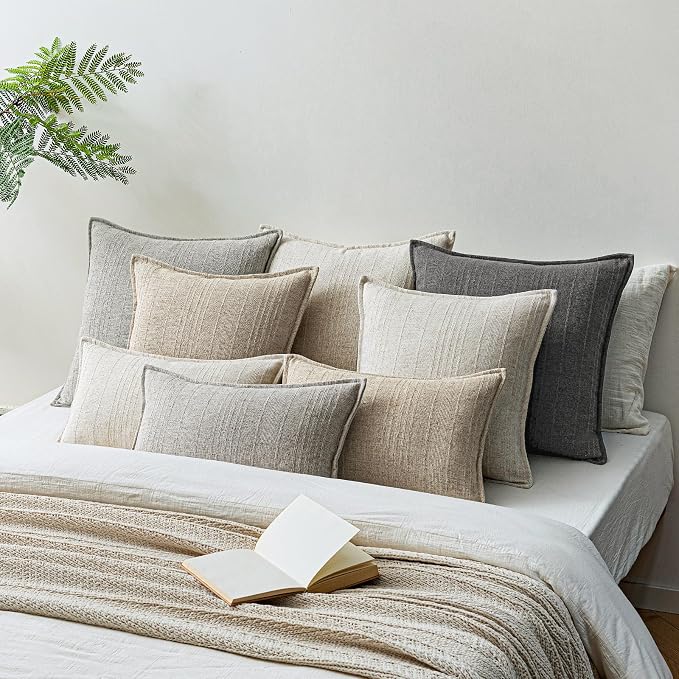 a moment Linen Pillow Covers Set of 2,Boho Farmhouse Throw Pillowcases Neutral Textured Decorative Covers for Couch Sofa,Soft Linen Blend Accent Case Cushion Living Room Home Decor 26"x26"Rustic Gray