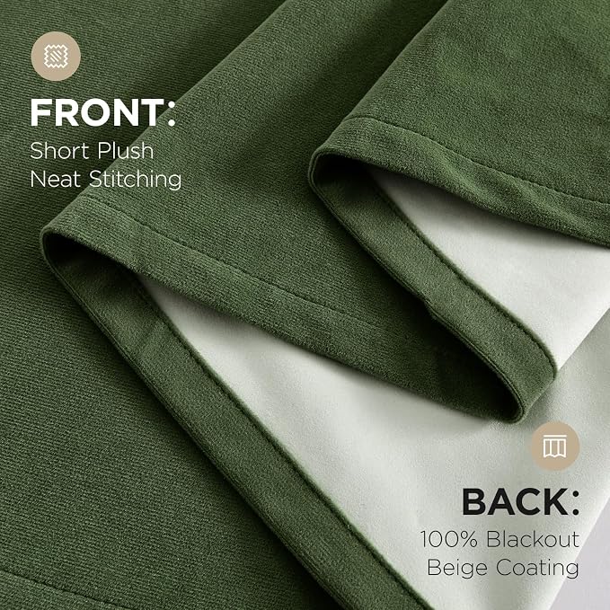 Joydeco 100% Blackout Velvet Curtains Olive Green 96 Inch Back Tab | Luxury Thermal Insulated Velvet Curtains for Bedroom Living Room, Soundproof Blackout Window Drapes