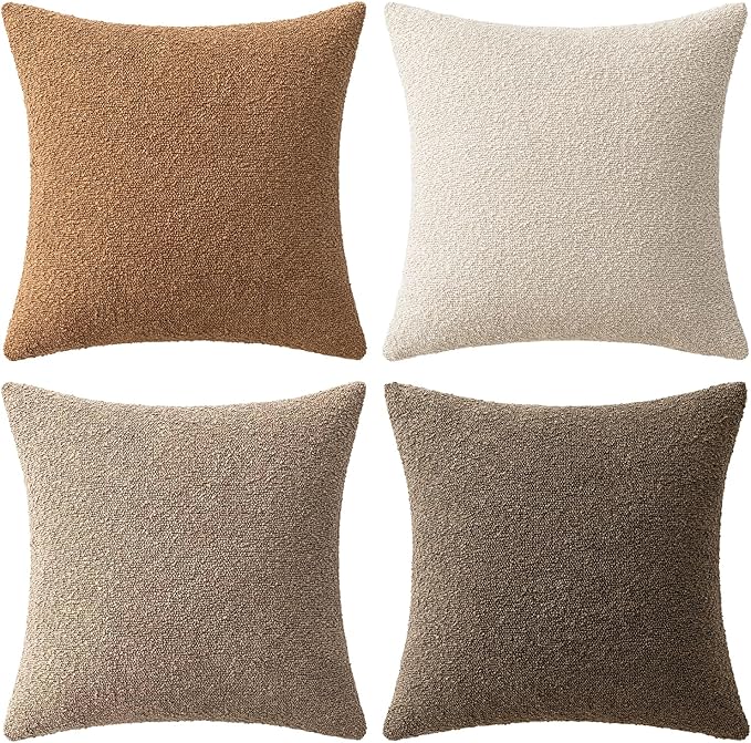 MIULEE Fall Decorative Boucle Throw Pillow Covers 20x20 Brown Set of 4 | Neutral Textured Accent Pillow Cases Soft Couch Cushion Covers for Modern Farmhouse Boho Sofa Bed Livingroom Home Decor