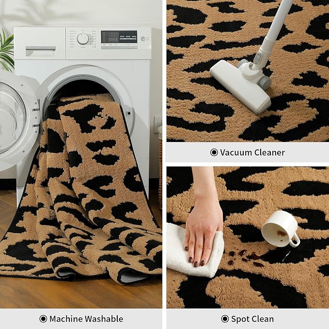 YIHOUSE 5×7 Ft Leopard Area Rugs, Washable High-Low Pile Plush Soft Rug, Non-Slip Non-Shedding Animal Cheetah Carpet for Living Room, Bedroom, Dining Room, Nursery, Home Decor