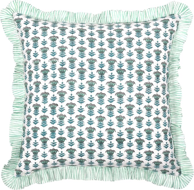 Ridhi Block Print Aquamarine Blue Throw Pillow Cover 20" x 20" (Pack of 2) Decorative Cushion Covers with Ruffle for Couch, Sofa, Bed, Living Room, Home Decor Gift for Spring, Easter, Valentine