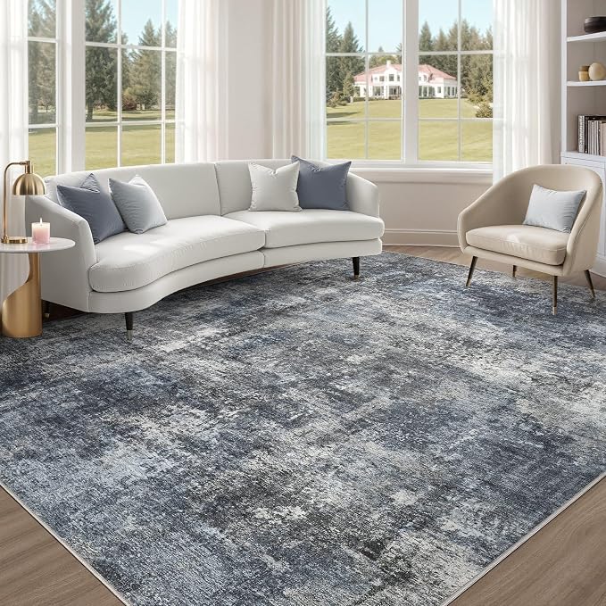 Abstract 10x12 Area Rug: Machine Washable Non Slip Ultra Thin Low-Pile Carpet, Soft Stain Resistant for Living Dining Room Bedroom, Kid Pet Friendly, Robot Vacuum Compatible - Dark Grey/Blue
