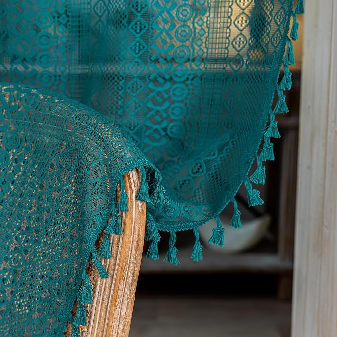 Sutuo Home Boho Sheer Doorway Curtain for Doorway Closet, Lace Door Curtain for Patio Front Door Crochet Vintage Tassels Bohemian Privacy Temporary Room Divider Rod Pocket,1 Panel 37" x 80" Teal
