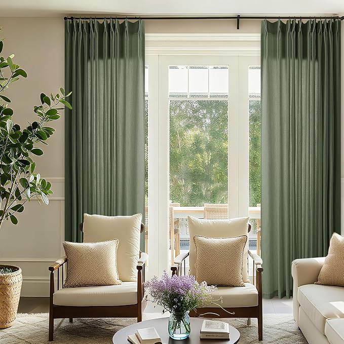 Pinch Pleated Extra Wide Curtain Panels 90 Inches Long 72 Wide Linen | Semi Sheer Drapes, for Living Room Patio Sliding Glass Door, Olive Green, 72x90 Inch Length Drapes, with Hooks Rings, 1 Panel