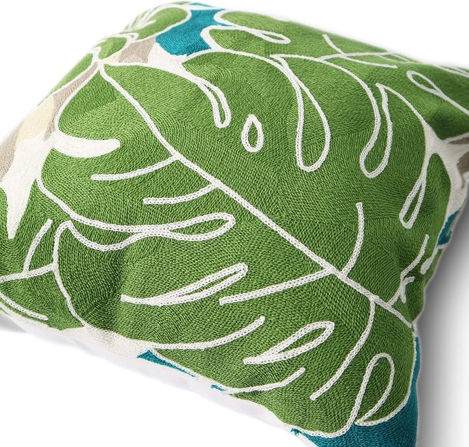 Embroidery Throw Pillow Cover Tropical Leaves 18x18 Inches Decorative Floor Pillow Cover for Couch 100% Cotton Cushion Cover Pillow Case Full Size Monstera Leaf Embroidered, Green, 1 Piece
