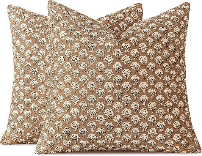 MIULEE Set of 2 Decorative Floral Pillow Covers Neutral Vintage Throw Pillows Block Print Boho Farmhouse Cushion Covers for Modern Spring Home Decor Couch Sofa Bed Living Room, 20x20 Inch, Cognac