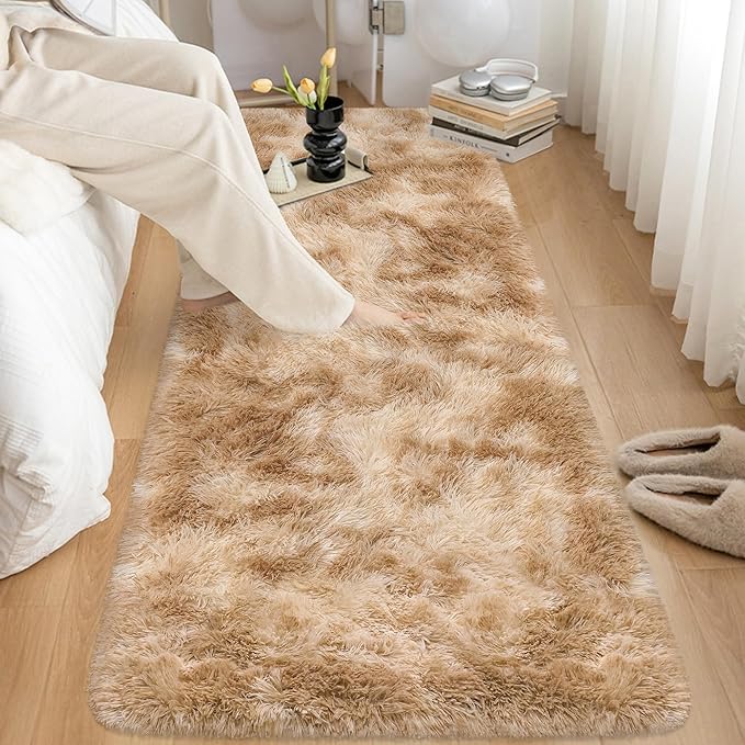 2x10 Feet Beige Fluffy Runner Rug for Bedroom, Soft Plush Shag Carpet Non Slip Washable Long Rug for Hallway Nursery Dorm Living Room, Fuzzy Bedside Rug for Kids Girls Room Decor