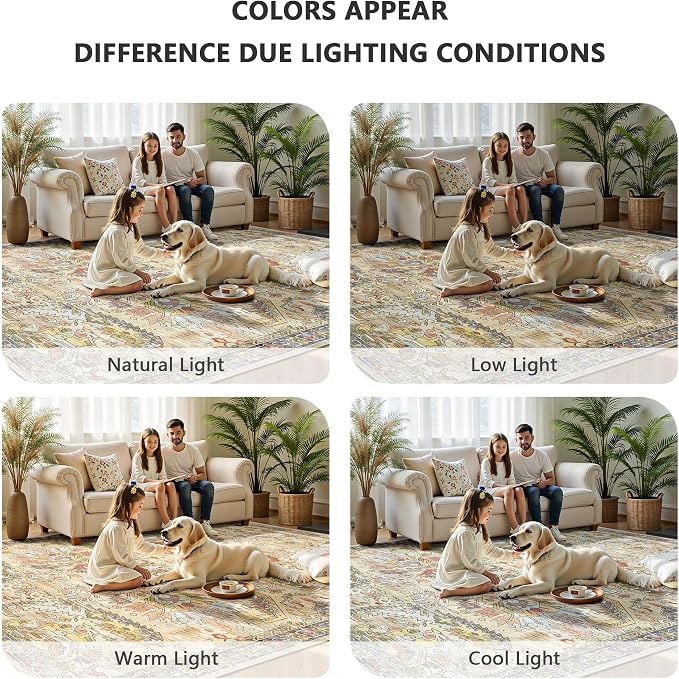 8x10 Area Rugs, Vintage Retro Soft Washable Rug, Non-Slip Low Pile Rugs for Living Room, Bedroom, Dining Room, Stain Resistant Home Decor Rug (Vintage Ivory/Multi)