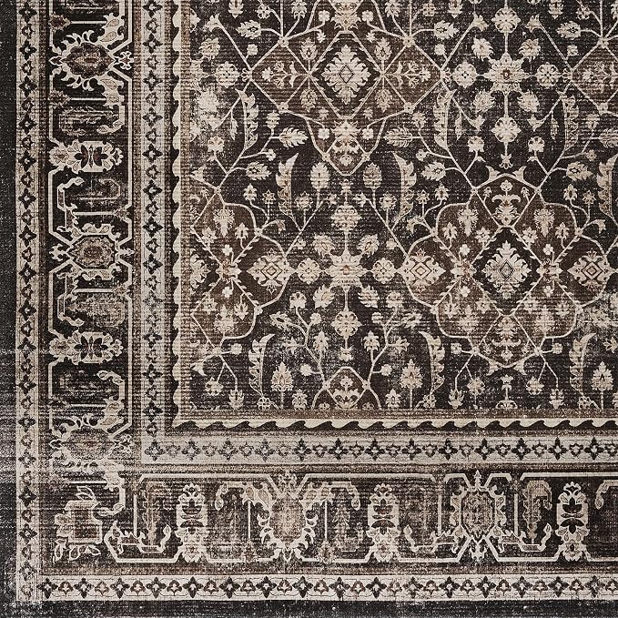 Brown Black 9x12 Rugs for Living Room, Vintage Farmhouse Large Rugs for Bedroom with Moroccan Floral Trellis Pattern, Washable Non Slip Ultra Thin Carpet Rug for Dining Room, Earthy Dark Wood