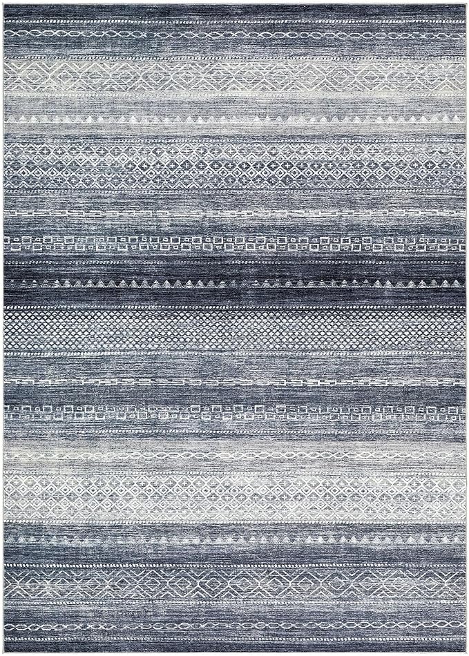 Nakagishi Area Rug Living Room Rugs: 4X6 Machine Washable Boho Large Neutral Farmhouse Stain Resistant Moroccan Indoor Floor Carpet for Bedroom Nursery Dorm Dining Room Home-Denim Blue