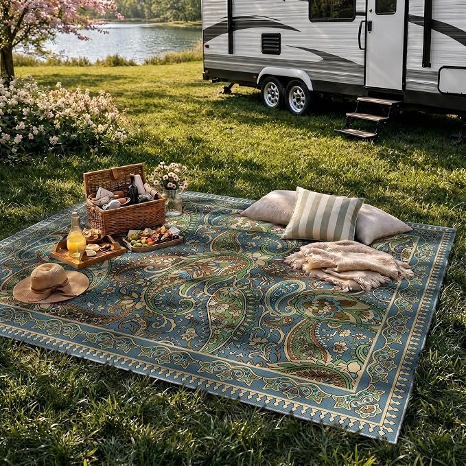 Arenarug Paisley Outdoor Rug Waterproof 6x9, UV Resistant Non Slip Patio Rug, Indoor Outdoor Boho Camping Rug Linen-Look RV Carpet for Deck Balcony Backyard, Sage&Blue