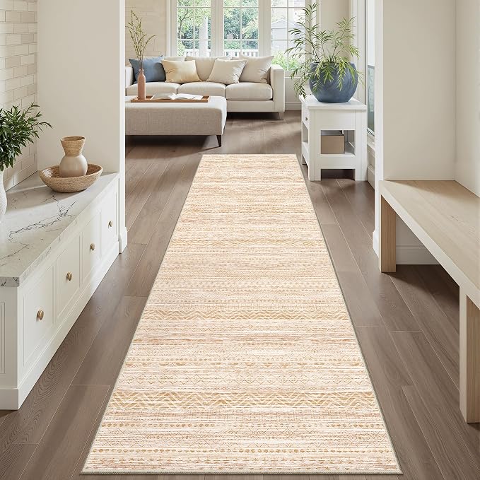 Miukiki 2x8 Runner Rug Moroccan Washable Kitchen Rug Non Slip Indoor Floor Hallway Runner Rug Foldable Carpet for Bathroom Laundry Room with Low Pile(Beige,2'x8')