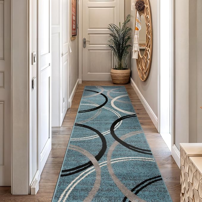 Rugshop Wavy Circles Modern Fade-Resistant Runner Rug Blue 2' x 10'