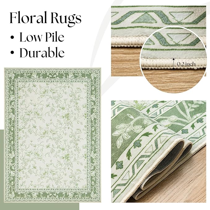 Green Area Rugs 6x9 Living Room Washable Boho Vintage Sketch Floral Sage Cream Beige Rugs for Bedroom Non Slip Soft Carpet for Dining Room Kids Girls Nursery, Lounge Peony Lily Pattern Floral Rug