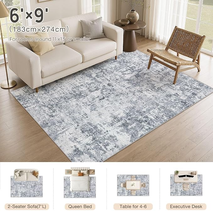 cotiled Washable Area Rug 6x9, Non-Slip Soft Neutral Rug for Living Room | Modern Abstract Carpet, Stain Resistant and Kid & Pet Friendly, Ideal For Bedroom, Dining Room, Nursery, Office - Blue/Gery