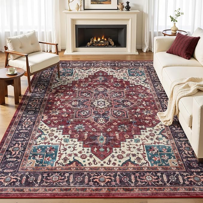 5x7 Washable Area Rugs for Living Room Bedroom, Non-Slip Burgundy | Vintage Farmhouse Boho Distressed; Low Pile; Stain Resistant; Wine Red Carpet for Dining Under Table, Office, Nursery, Lounge