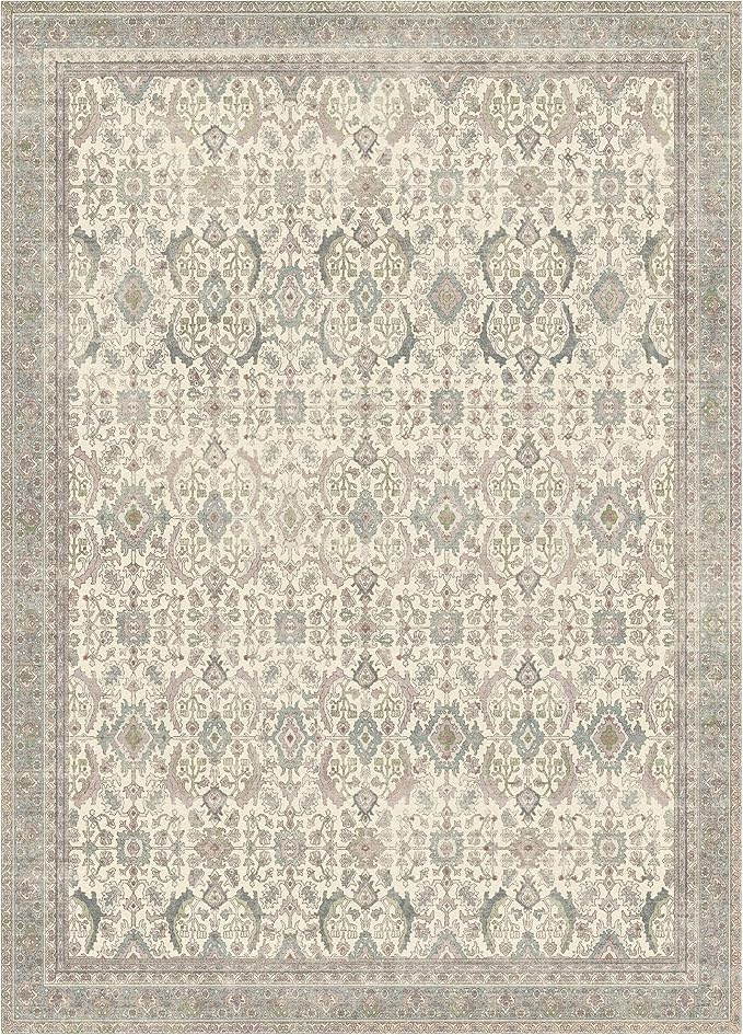 BESBLEE 10X14 Area Rugs Machine Washable Rugs for Living Room, Vintage Boho Large Rugs for Bedroom Dining Room, Non Slip Indoor Soft Distressed Lightweight Thin Low Pile Carpet, Cream