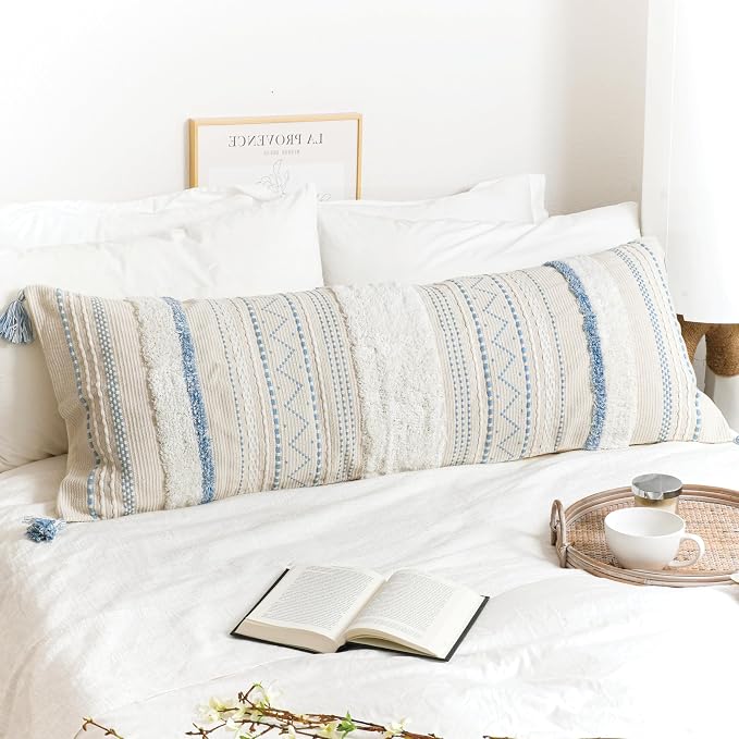 BlissBlush 20X54 Oversized Large Lumbar Pillow Cover for Bed, Rectangular Long Decorative Throw Pillowcase, Cotton Boho Accent Cushion with Blue Tufted Pattern and Tassels, Cream Neutral (Cover Only)