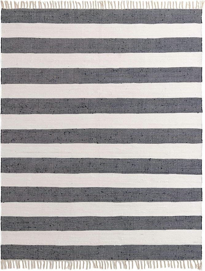 Unique Loom Chindi Rag Collection Area Rug - Striped (8'x 10' Rectangle, Navy Blue/ Ivory)